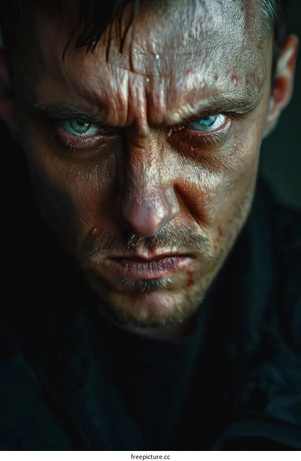 A close up of a man's face with a scarred face and green eyes