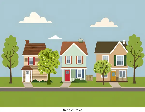 Three Houses on a Street with Trees and Clouds
