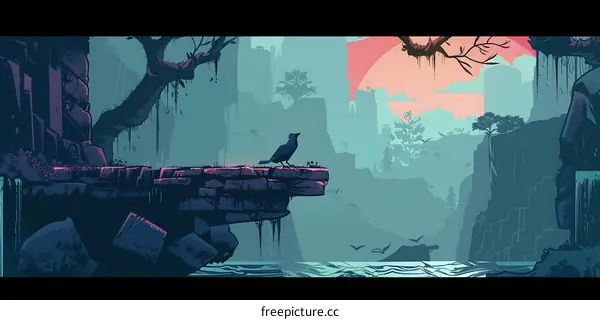 Fantasy Landscape Illustration With Bird On Cliff