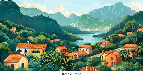 Mountain Village with Lush Green Trees and Winding Road