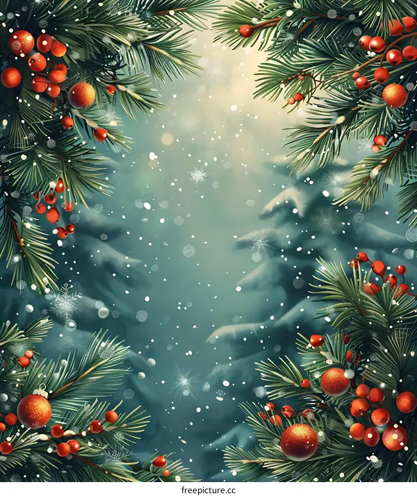 Christmas Holly Branches and Red Berries