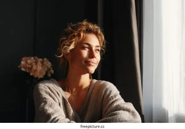 Woman Looking Out Window in Natural Light