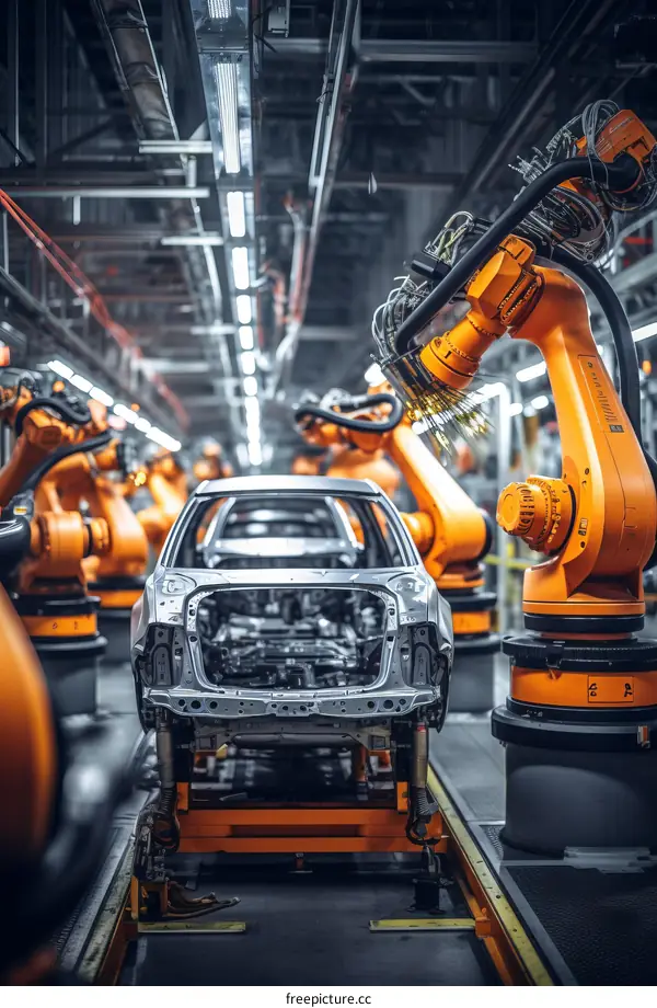 Car manufacturing robots on the production line