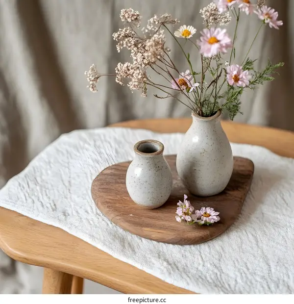 White Vases with Pink Flowers on Wooden Tray