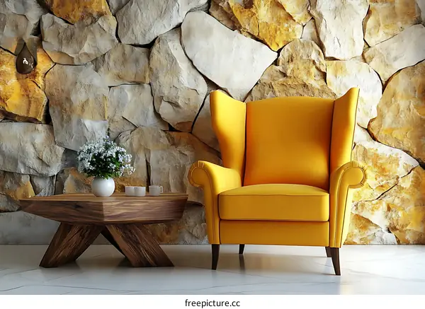 Modern Yellow Wingback Chair in a Stone Wall Living Room