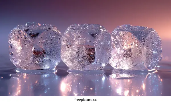 Three Ice Cubes with Water Droplets on a Reflective Surface Under Pink and Purple Lighting