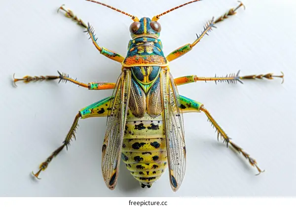 A colorful katydid perched on a white surface