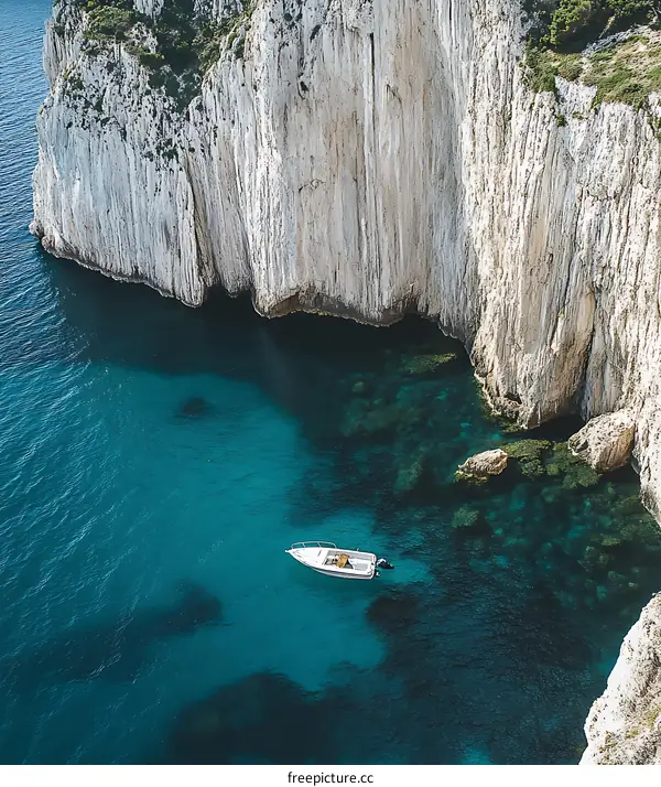 Boat Anchored in the Sea, Cliff Cove, Turquoise Water