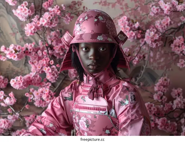 Black woman wearing a pink samurai armor with cherry blossom background