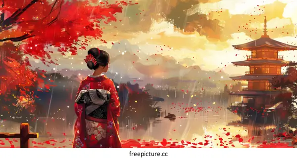 A woman in a red kimono standing in a field of red flowers with a pagoda in the background