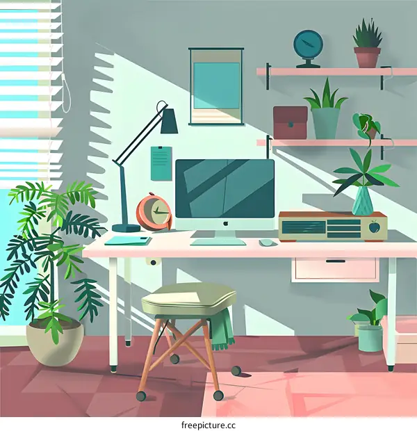 Home Office Desk with Plants and Sunlight