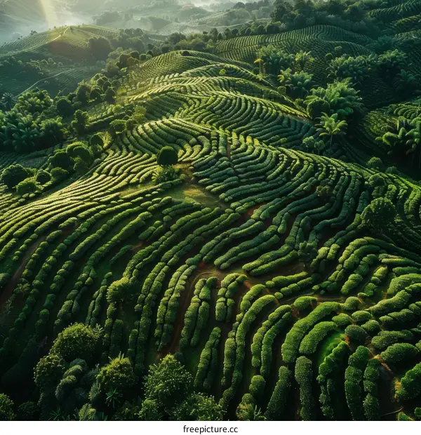 An aerial view of a lush green tea plantation in the morning sunlight