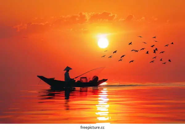 Fisherman in a boat at sunset with a conical hat