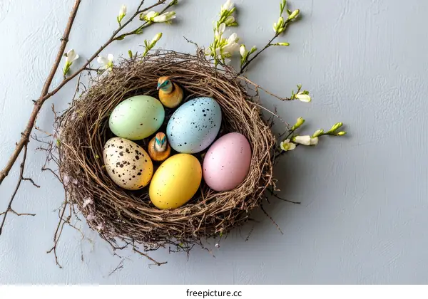 Easter Eggs in a Nest with Spring Branches
