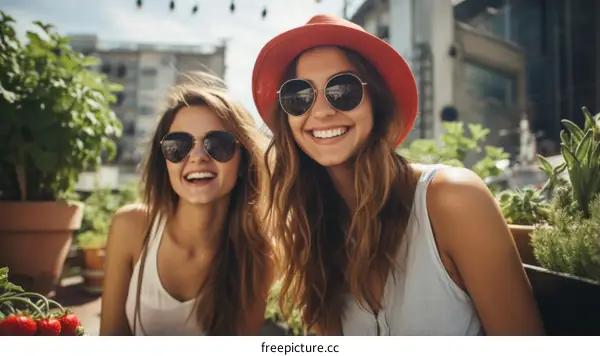 Two young women smiling and laughing together on a rooftop