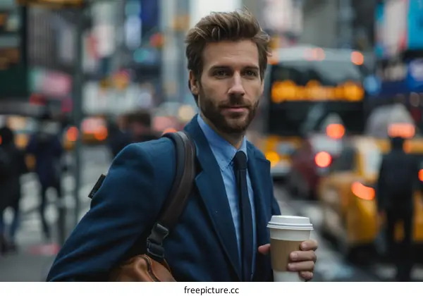 A man in a suit and tie is walking down a busy street in New York City.