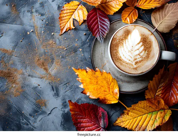 Autumn Leaves and Cappuccino Coffee Cup on Dark Background