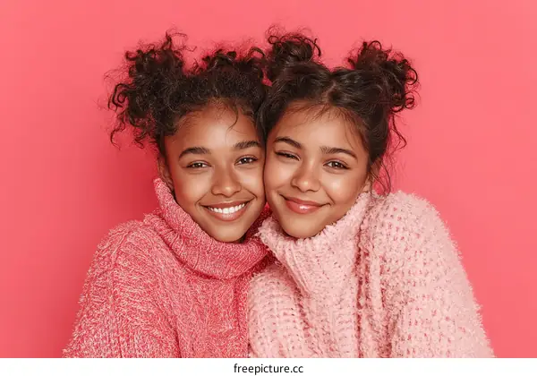 Two Adorable Black Twin Girls Wearing Stylish Sweaters