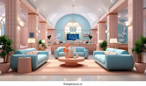 A retro and futuristic waiting room with pink and blue pastel colors