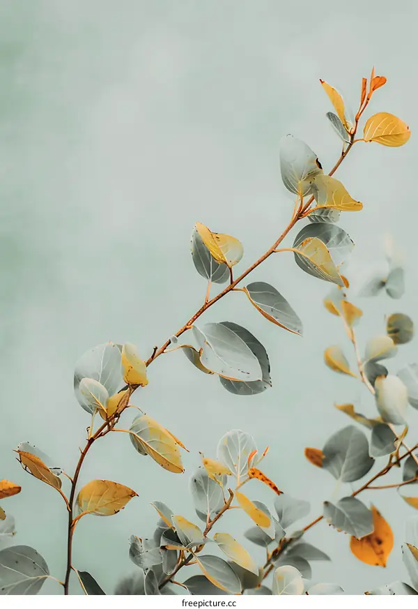 Autumn Leaves Branch Against A Teal Background