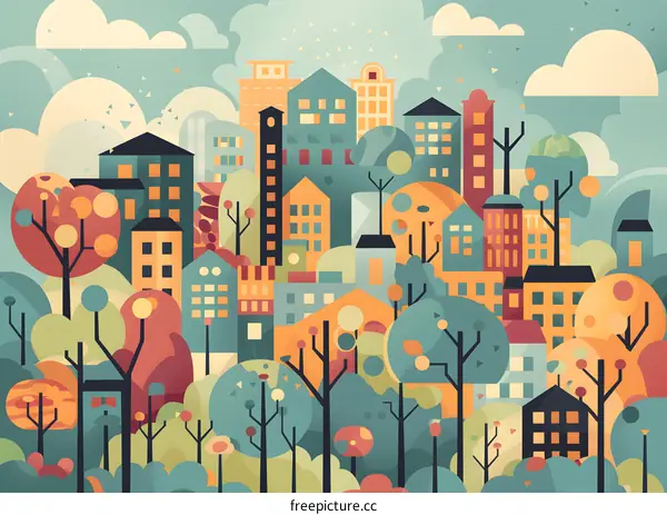 Colorful Cityscape with Geometric Buildings and Trees