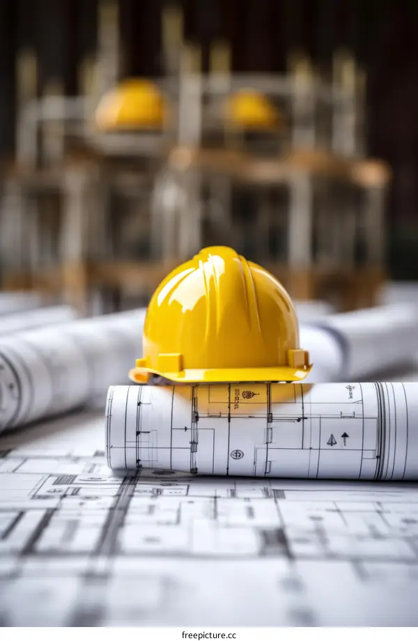 Yellow hard hat on top of a set of blueprints