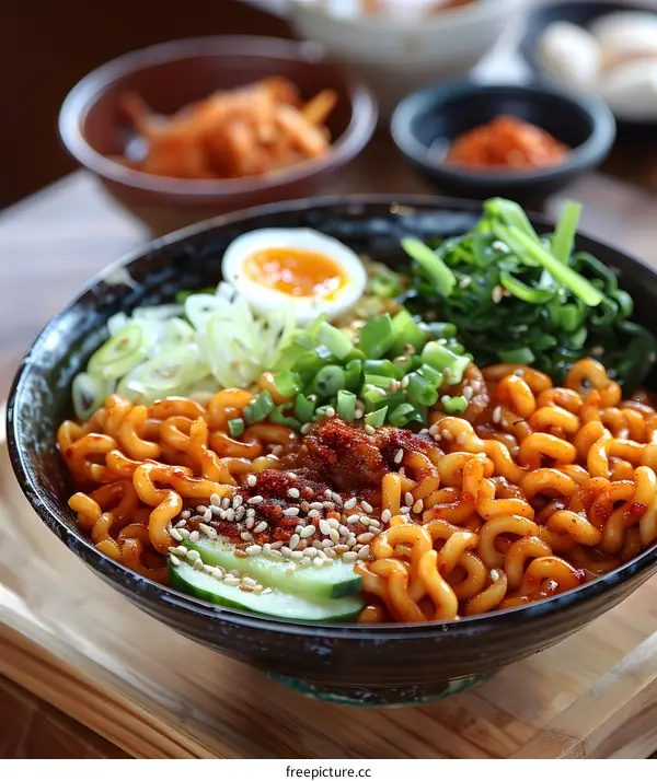 Spicy Korean Noodles with Egg and Cucumber