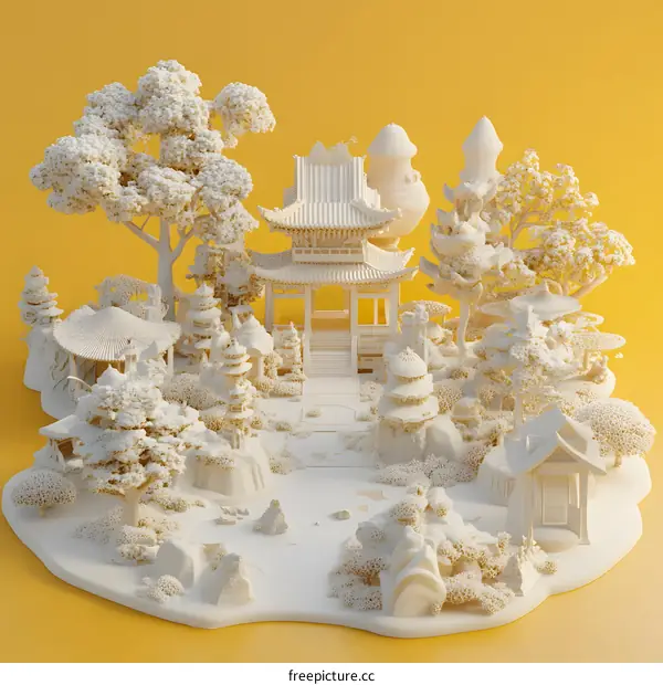 White 3D Model of a Traditional Chinese Garden