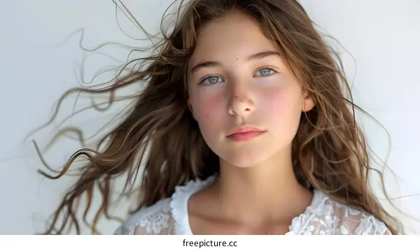 Portrait of a beautiful young girl with long brown hair and freckles