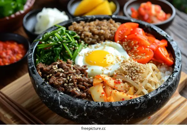 Korean Bibimbap: A Savory Dish with Rice, Beef, and Vegetables