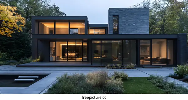 Modern Black House with Large Windows and Stone Facade