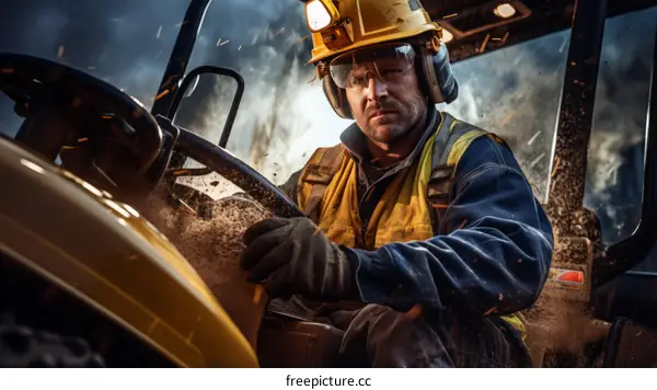 Portrait of a male miner operating heavy machinery in a mine.