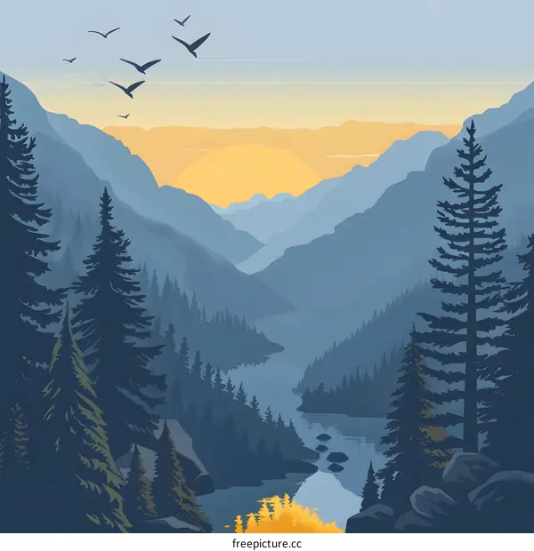 Sunset View of Mountains and River