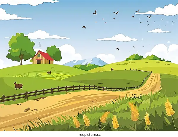 Beautiful Countryside Landscape with a Farm House and Winding Dirt Road