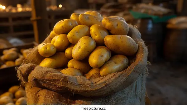 A burlap sack full of russet potatoes. There is a wooden crate in the background.