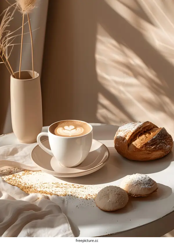Cappuccino Coffee with Pastry and Cookies on White Table