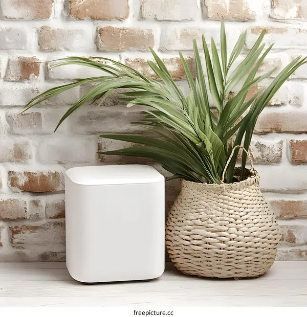White Speaker and a Plant in a Basket Against a Brick Wall