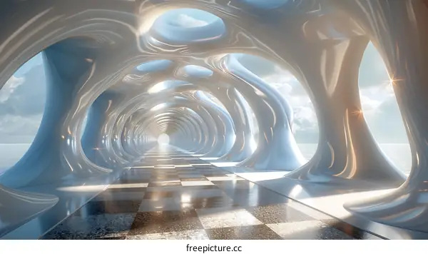 Futuristic Tunnel with Checkerboard Floor