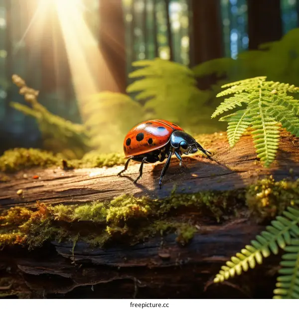 A red ladybug on a mossy log in the forest