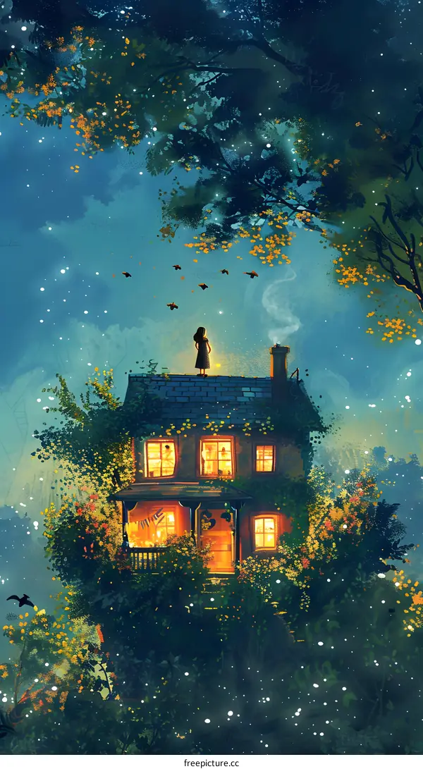 girl standing on the roof of a house looking at the starry night
