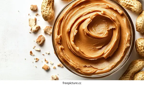 Peanut Butter in Glass Bowl with Peanuts and Crumbles
