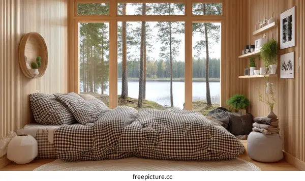 Cozy Lakeside Cabin Bedroom Illustration