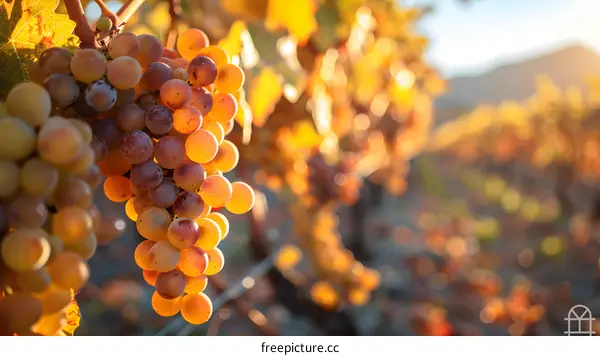 Close-up of a bunch of ripe grapes on the vine ready to be harvested.