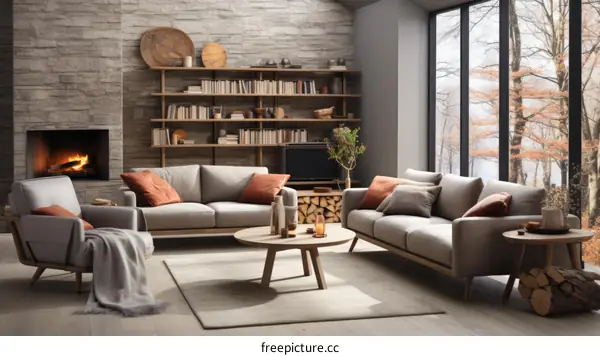 A cozy living room with a fireplace, bookshelves, and a large window