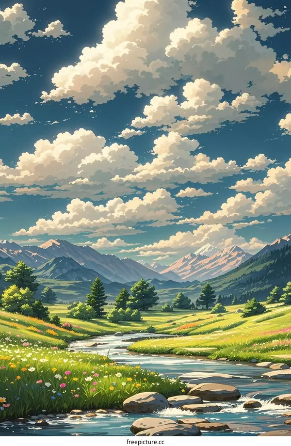 Beautiful Landscape with Clear Sky, Fluffy Clouds, River, and Mountains