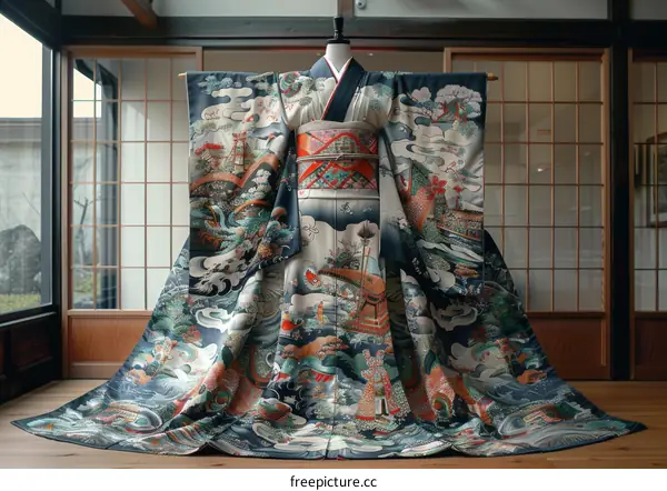A kimono displayed on a mannequin in a traditional Japanese room