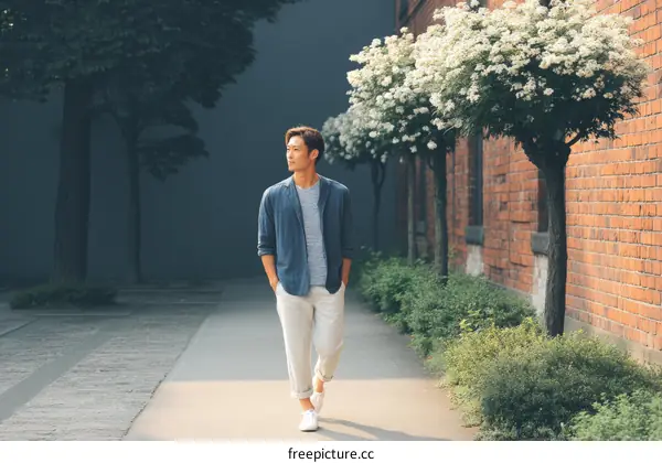 Stylish Man Walking Down a Pathway with Trees and Brick Walls