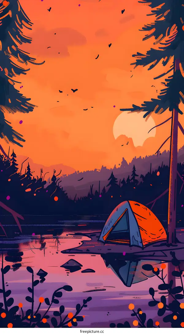 Sunset Camping Illustration with Tent Near a Lake