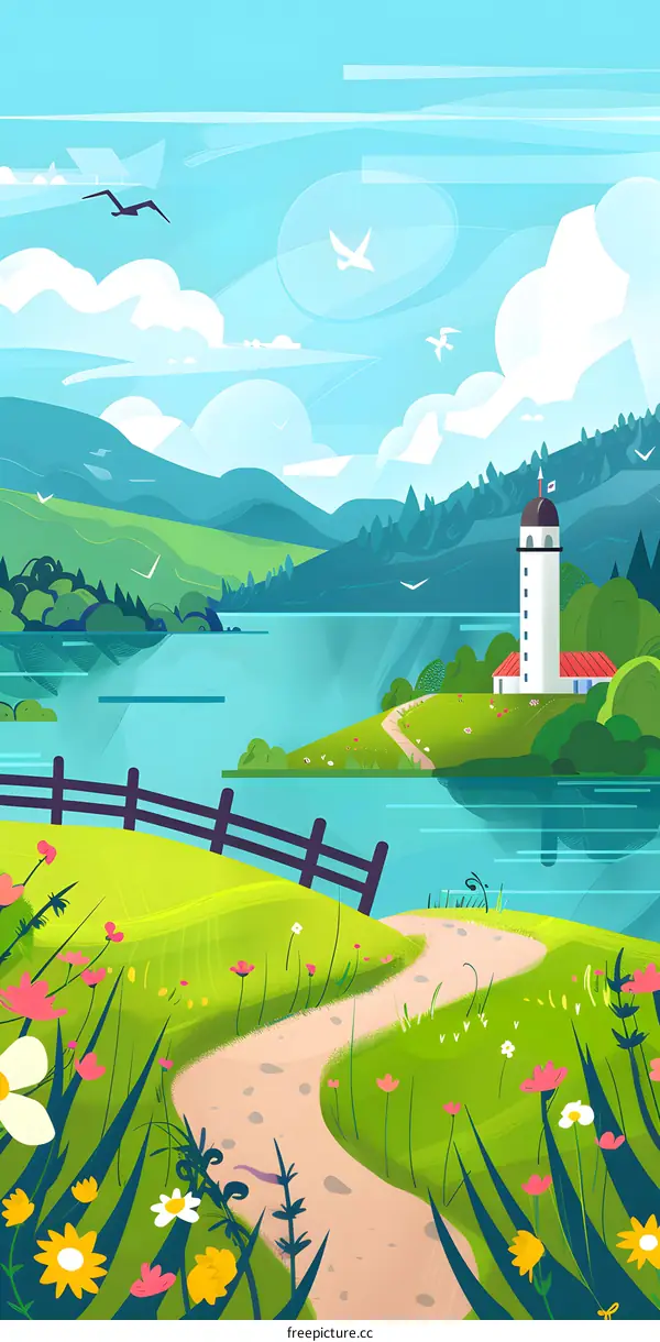 Picturesque Landscape with a Lighthouse by the Lake