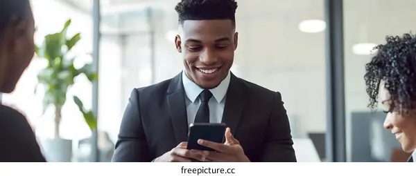 Smiling African American Businessman Looking At Phone